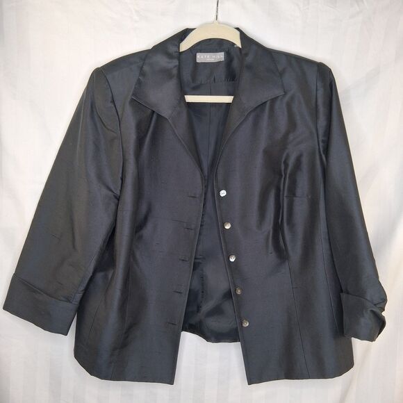 Kate Hill Woman Black Silk Jacket/Blazer Size 16W Fully Lined 3/4 Sleeve - Picture 1 of 15